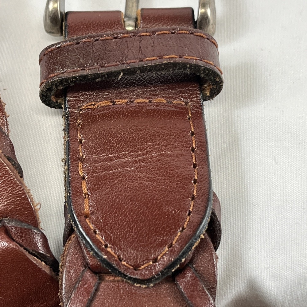VTG Leather‎ Link Belt Men M Genuine Leather Bourbon Brown Metal Buckle Stitch - Picture 6 of 8